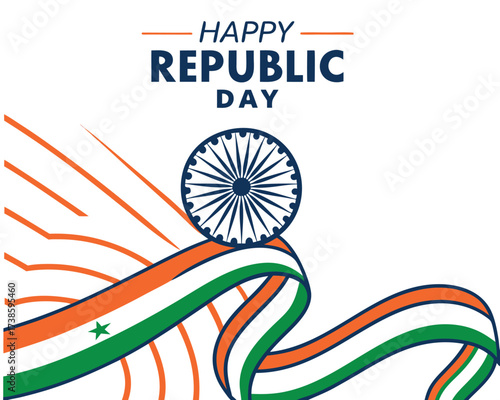Happy Republic Day India Celebration with Tricolor Ribbon and Ashok Chakra Honoring the Nations Constitution and Independence