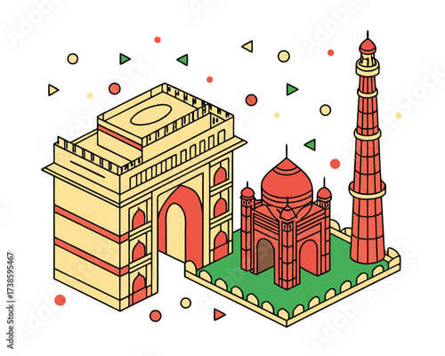 Isometric Illustration of Famous Indian Landmarks Featuring India Gate Taj Mahal and Qutub Minar with Geometric Accents