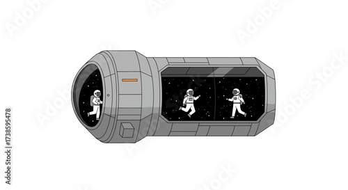 Astronauts floating in space capsule with futuristic design