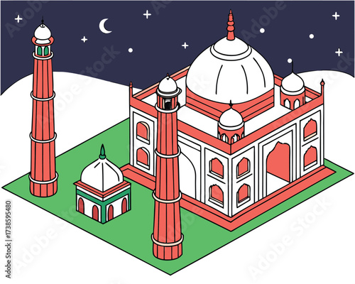 Isometric view of Taj Mahal at night vector illustration travel destination landmark architecture Agra India moon and stars digital art