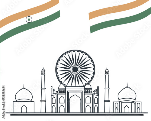 India Independence Day Illustration with Flag and Taj Mahal outline patriotic design perfect for cards and posters or national event promotions