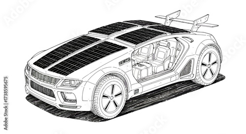 Futuristic solar-powered car blueprint with detailed interior and exterior de…