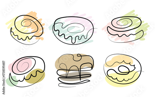 Seamless pattern of pastries in line art with soft hues