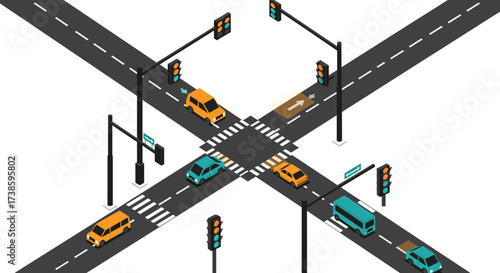Isometric urban traffic intersection with vehicles and traffic lights