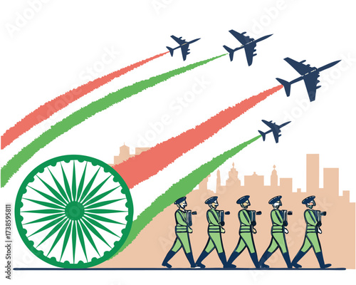 Indian Republic Day Parade with Military Jets and Ashoka Chakra Illustration Symbolic of National Pride and Celebration Vector Image