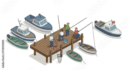 Isometric dock scene with people fishing surrounded by boats in calm waters