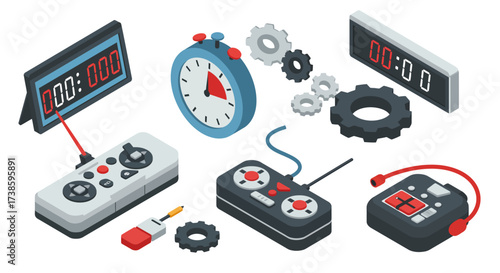 Isometric gadgets and gear illustrations featuring timers and controllers