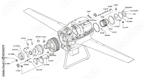 Exploded view of airplane engine with technical parts and measurements