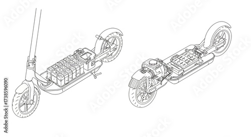 Detailed linear outline of electric scooter battery and motor components