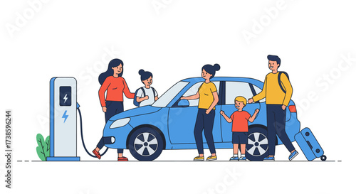 Family at electric car charging station in modern flat style design
