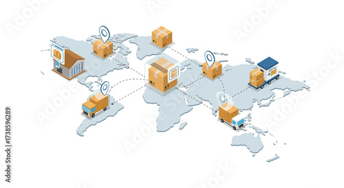 Global shipping network concept with delivery trucks and packages in isometri…