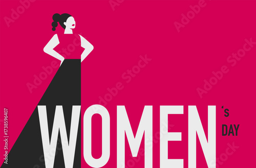 Women's Day greeting card with silhouette of strong woman for 8 march on pink background. Sisterhood and community for girls. Vector illustration