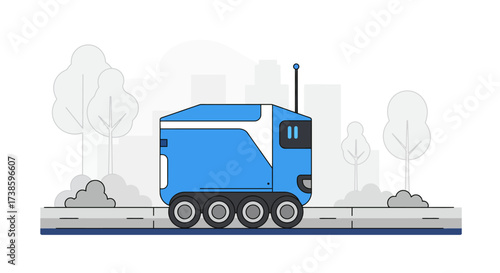 Futuristic delivery robot on urban street with blue minimalist design