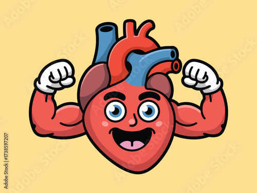 Cartoon strong heart flexing its muscles