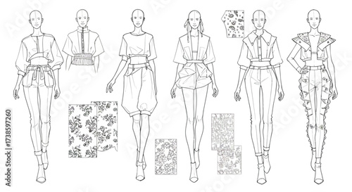 Fashion design sketches featuring floral patterns and contemporary outfits fo…