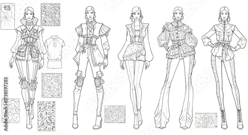 Fashion design sketches with floral patterns and outfits