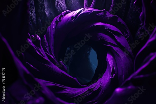 Deep purple swirling vortex in a dark cave-like space