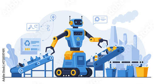 Futuristic factory automation with robot sorting recycling items in industria…