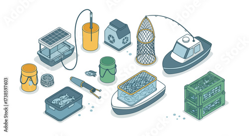 Fishing equipment and sustainable practices: isometric set with nets, boats,…