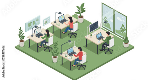 Modern office workspace with team collaboration in an eco-friendly isometric…