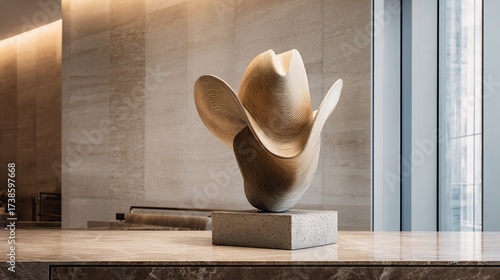 Abstract sculpture displayed on marble table in a modern lobby with beige walls. Possible interior design use