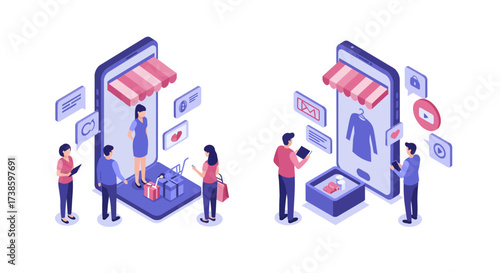 Isometric online shopping concepts with people interacting on smartphone screens