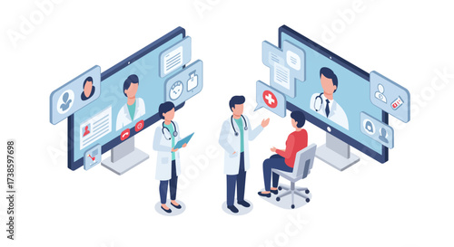 Telemedicine consultation concept with doctors and patients in isometric design