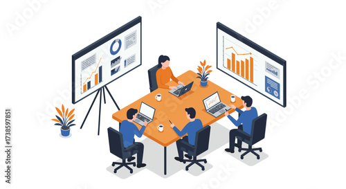 Business team analyzing data with laptops in modern office isometric design