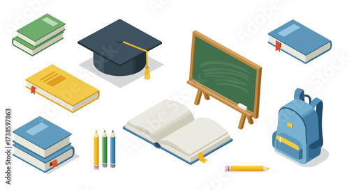 Isometric school supplies: books, graduation cap, chalkboard, backpack, and p…