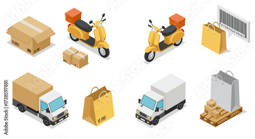 Isometric delivery icons: scooters, trucks, boxes, and shopping elements