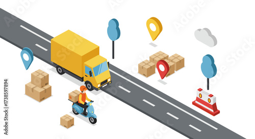 Isometric delivery and logistics scene with truck and scooter on road