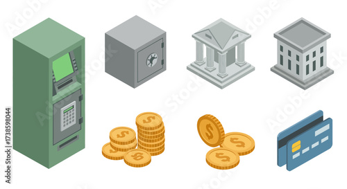 Isometric money and banking icons: atm, safe, bank buildings, coins, credit c…