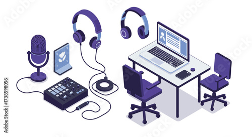 Isometric podcast studio setup with microphone, headphones, and laptop in pur…