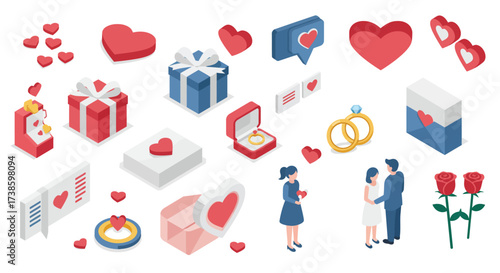 Isometric love and romance icons with gifts, hearts, and couples