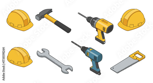 Isometric construction tools and safety gear on white background