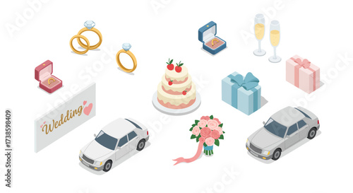Isometric wedding elements set with cake, rings, and gifts