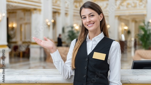 Young woman staff welcoming guest at hotel reception desk. Happy female hotelier inviting to luxurious hospitality service in resort lobby.