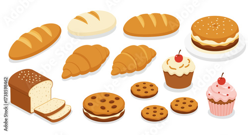 Isometric bakery delights: croissants, bread, and pastries with sweets