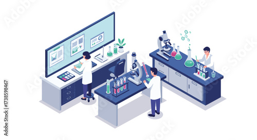 Modern isometric science laboratory with researchers and equipment