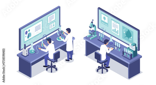 Isometric science lab with scientists conducting experiments