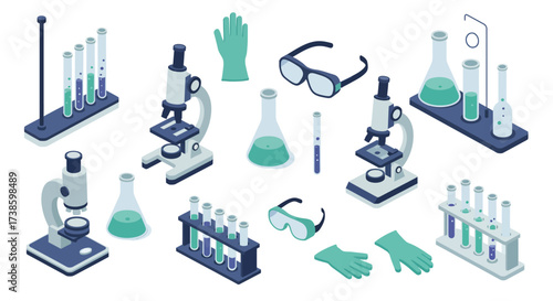 Isometric lab equipment: microscopes, test tubes, flasks and safety gear
