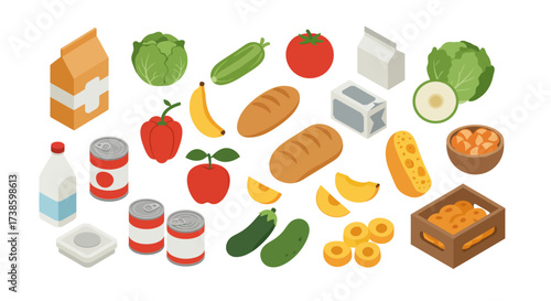 Isometric food icons set featuring fresh produce and groceries