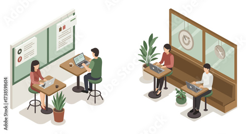 Modern isometric office scene with people working on laptops in a collaborati…