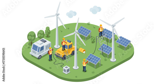 Renewable energy workers installing solar panels and wind turbines in green l…