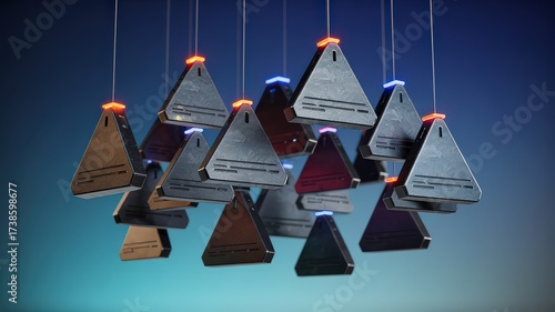 Collection of illuminated geometric forms suspended in space