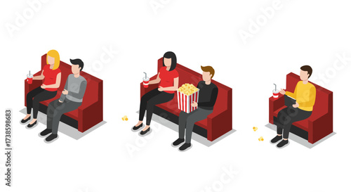 Isometric cinema scene with couples and solo viewer enjoying snacks and drinks