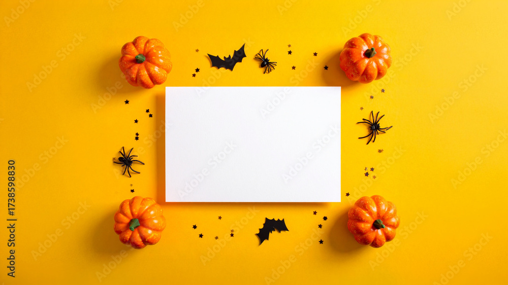 Fototapeta premium A Hint of Haunt and a Pop of Fun: A Minimalist Halloween Banner on a Spooky Yet Playful Yellow Backdrop