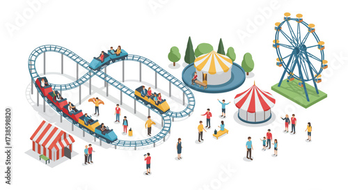 Colorful amusement park scene with rides and visitors in isometric style
