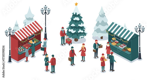 Festive christmas market: isometric winter scene with holiday stalls and shop…