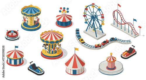Colorful amusement park rides in isometric style: ferris wheel, carousel, and…